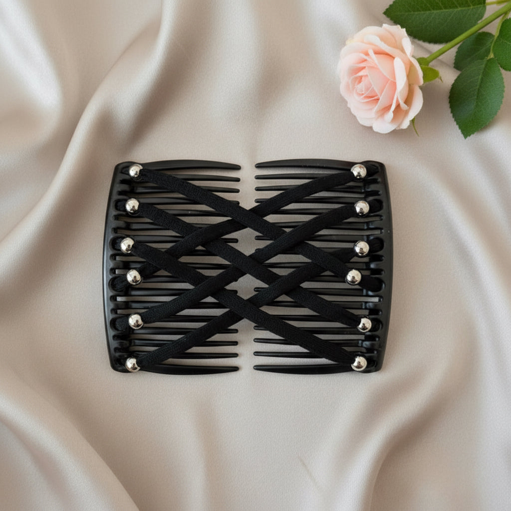 Peigne à cheveux artisanal noir avec lanières noires croisées et perles argentées rondes – Le peigne N°955