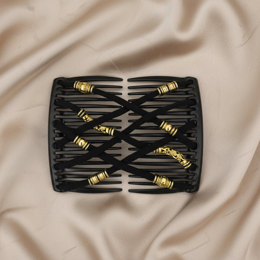 Peigne à cheveux artisanal noir avec lanières noires croisées et ornements dorés cylindriques gravés – Le peigne N°958