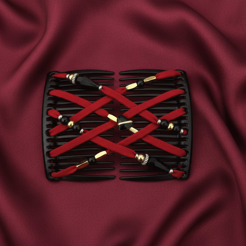 Peigne à cheveux artisanal noir avec lanières en cuir rouge croisées, perles noires et ornements dorés – Le peigne N°934