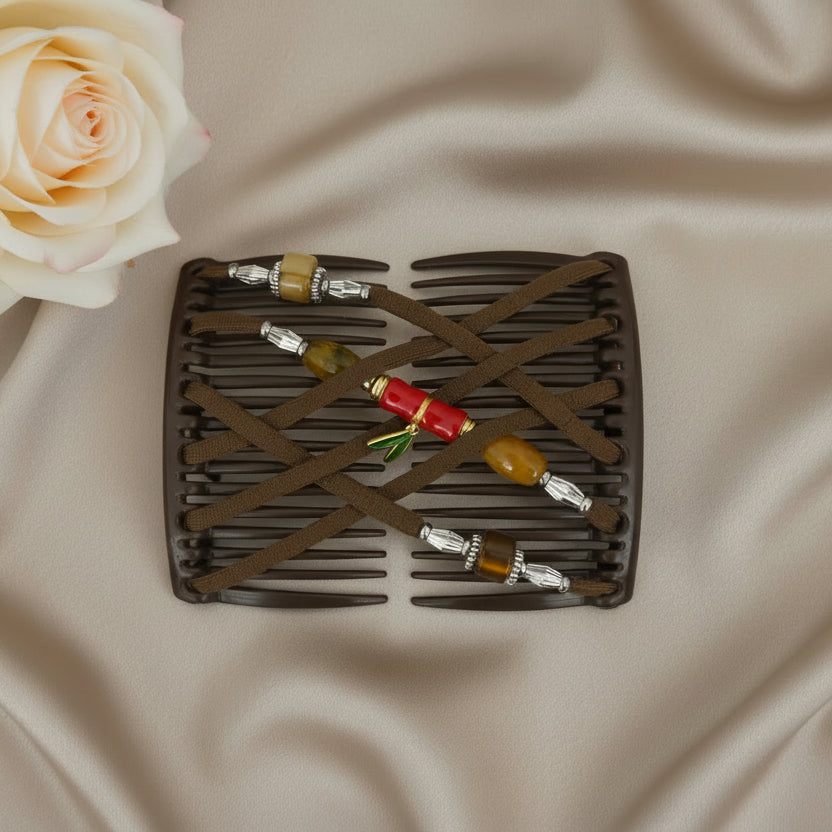 Peigne à cheveux artisanal noir avec lanières en cuir marron et perles colorées aux extrémités argentées – Le peigne N°977