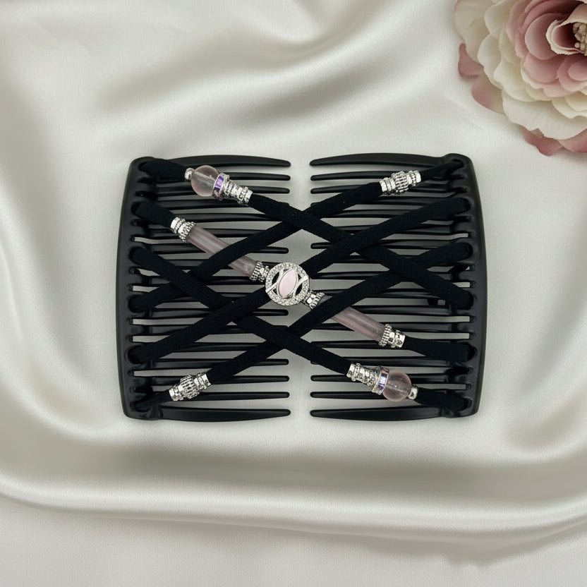 Peigne à cheveux artisanal noir avec perles en cristal rose et ornements argentés – Le peigne N°975