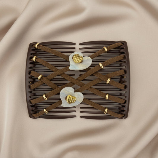Peigne à cheveux artisanal marron avec lanières en cuir marron croisées, clips dorés et ornements en nacre en forme de cœur – Le peigne N°964