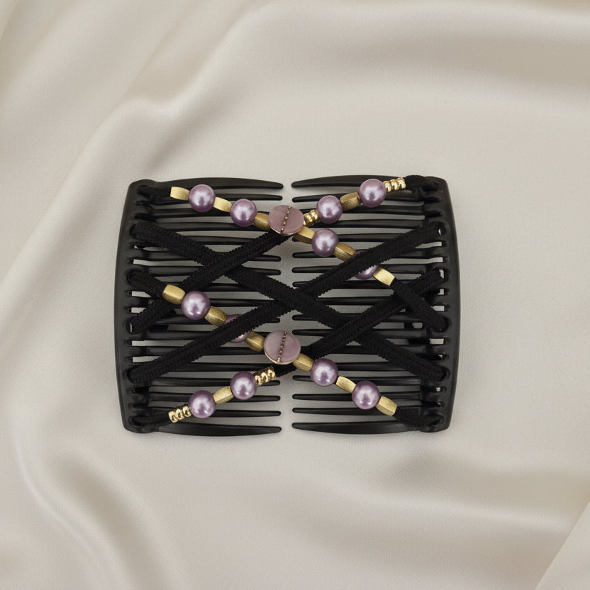 Peigne à cheveux artisanal noir avec lanières noires croisées, perles violettes nacrées et clips dorés cylindriques – Le peigne N°949