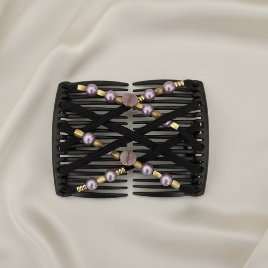 Peigne à cheveux artisanal noir avec lanières noires croisées, perles violettes nacrées et clips dorés cylindriques – Le peigne N°949