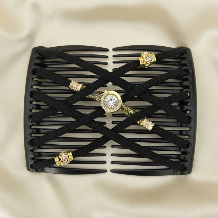 Peigne à cheveux artisanal noir avec ornements dorés et bijoux – Le peigne N°981